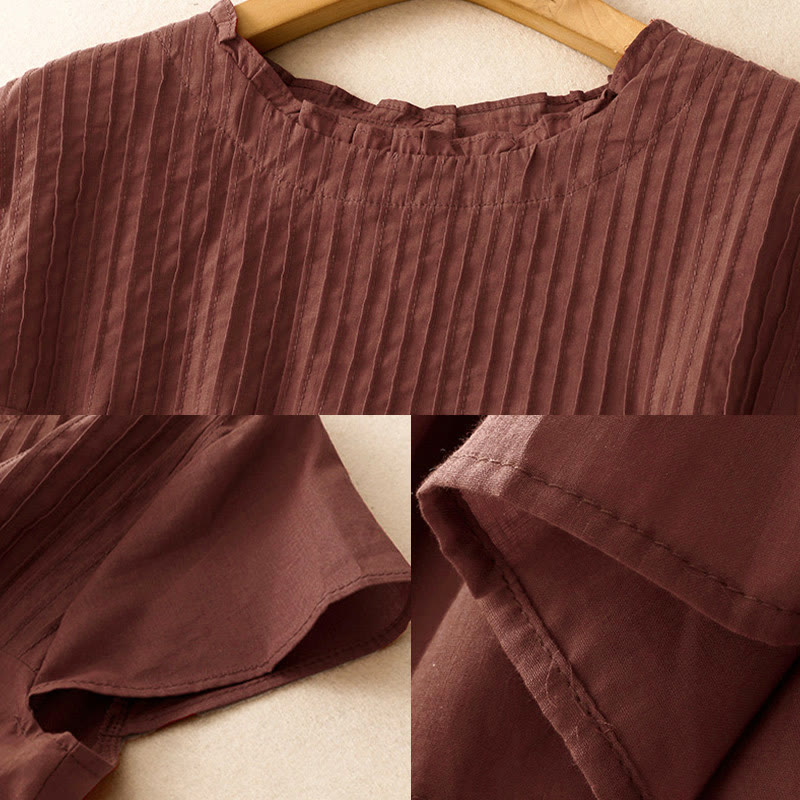 Camisa de manga corta para mujer con diseño plisado y volantes, color liso, estampado de Buddha Stones, ideal para el verano. - image 15