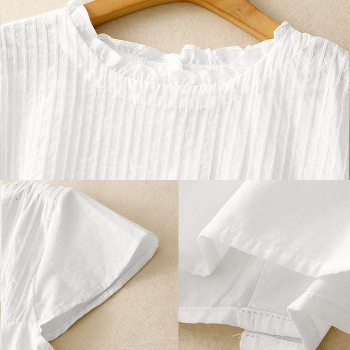 Camisa de manga corta para mujer con diseño plisado y volantes, color liso, estampado de Buddha Stones, ideal para el verano. - image 11