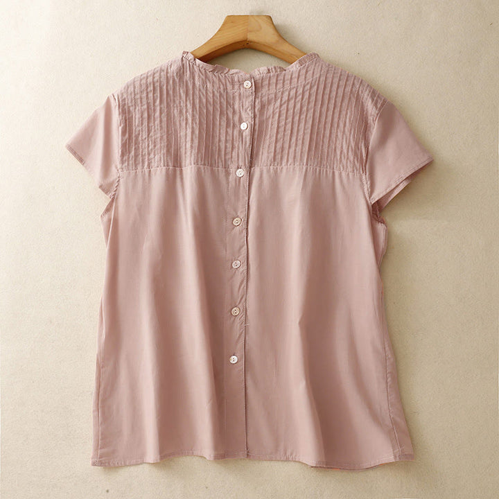 Camisa de manga corta para mujer con diseño plisado y volantes, color liso, estampado de Buddha Stones, ideal para el verano. - Salmón oscuro - US6，UK/AU10，EU38 (2XL) - image 0