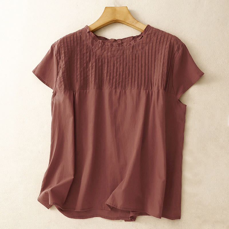 Camisa de manga corta para mujer con diseño plisado y volantes, color liso, estampado de Buddha Stones, ideal para el verano. - Rojo oscuro - US6，UK/AU10，EU38 (2XL) - image 14