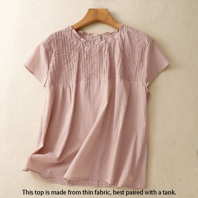 Camisa de manga corta para mujer con diseño plisado y volantes, color liso, estampado de Buddha Stones, ideal para el verano. - image 1