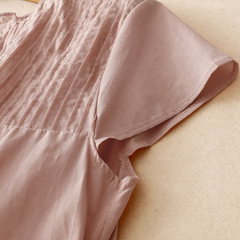 Camisa de manga corta para mujer con diseño plisado y volantes, color liso, estampado de Buddha Stones, ideal para el verano. - image 3