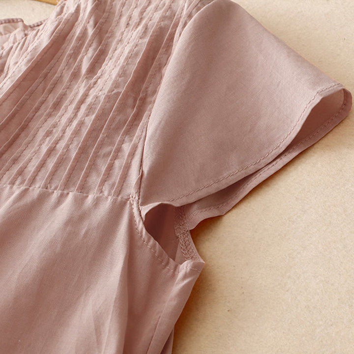 Camisa de manga corta para mujer con diseño plisado y volantes, color liso, estampado de Buddha Stones, ideal para el verano. - image 3