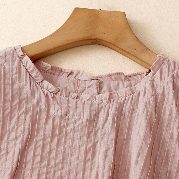 Camisa de manga corta para mujer con diseño plisado y volantes, color liso, estampado de Buddha Stones, ideal para el verano. - image 2