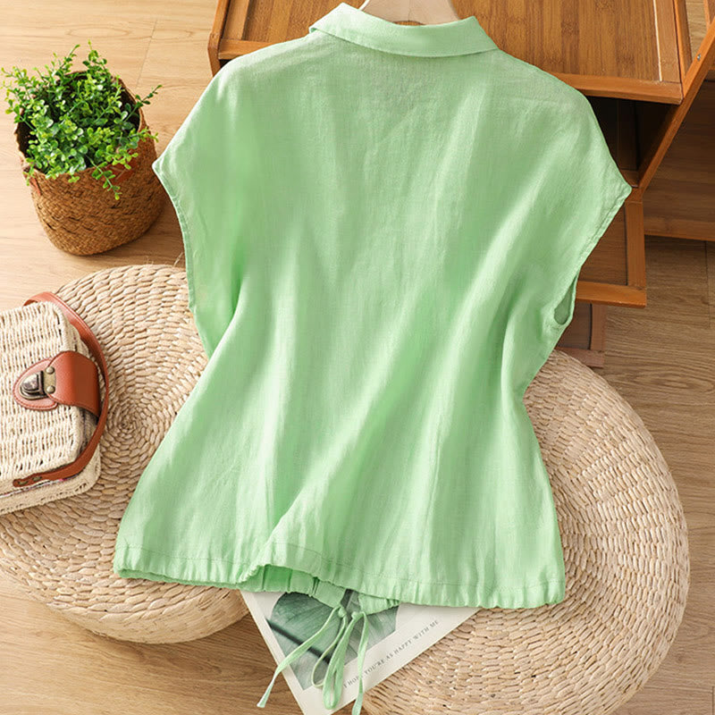Camisa de mujer de manga corta con botones y estampado de Buddha Stones, color liso, ideal para el verano. - image 15