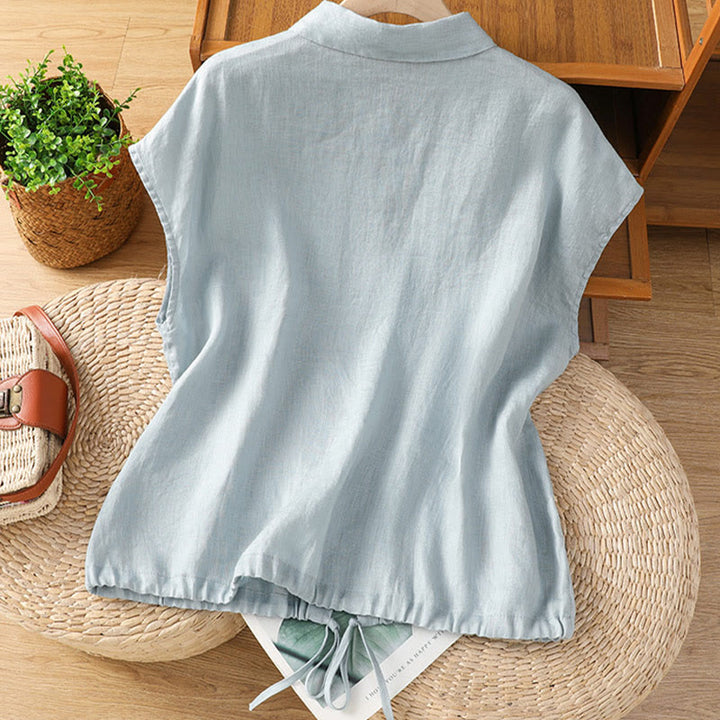 Camisa de mujer de manga corta con botones y estampado de Buddha Stones, color liso, ideal para el verano. - image 2