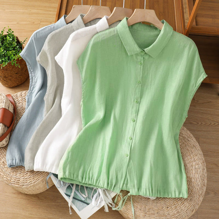 Camisa de mujer de manga corta con botones y estampado de Buddha Stones, color liso, ideal para el verano. - image 1