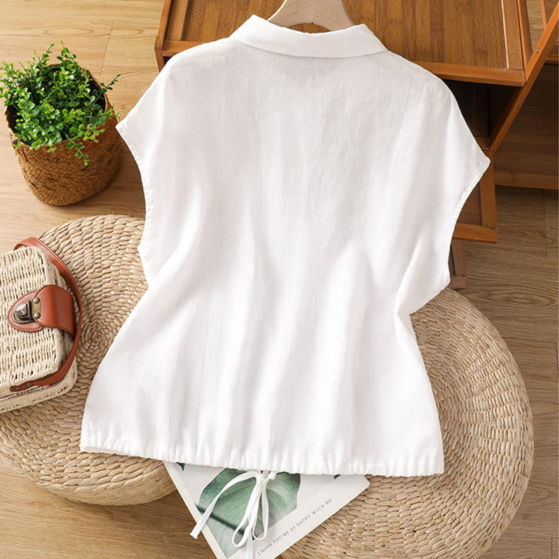 Camisa de mujer de manga corta con botones y estampado de Buddha Stones, color liso, ideal para el verano. - image 8