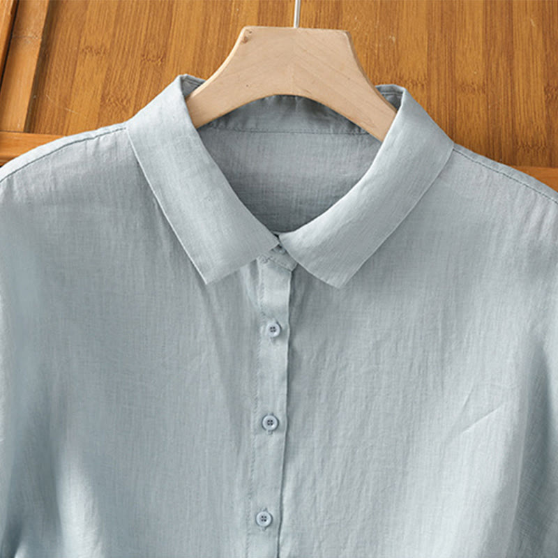 Camisa de mujer de manga corta con botones y estampado de Buddha Stones, color liso, ideal para el verano. - image 3