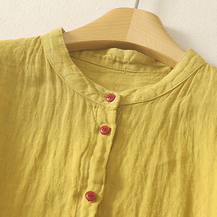 Camisa de mujer de manga corta con botones rojos lisos y estampado de Buddha Stones para verano. - image 15