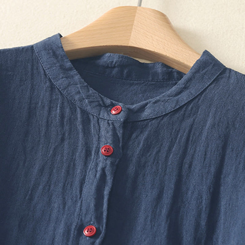 Camisa de mujer de manga corta con botones rojos lisos y estampado de Buddha Stones para verano. - image 1
