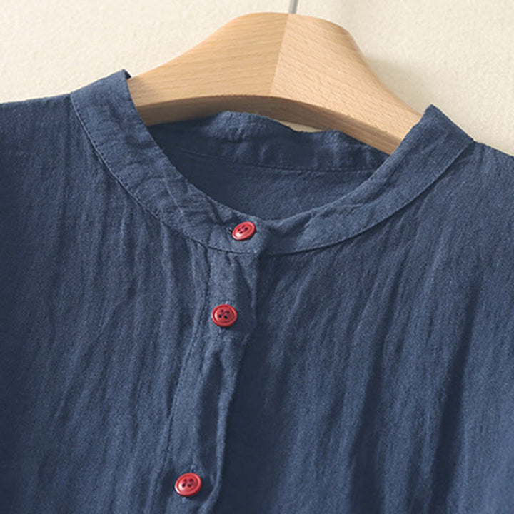 Camisa de mujer de manga corta con botones rojos lisos y estampado de Buddha Stones para verano. - image 1