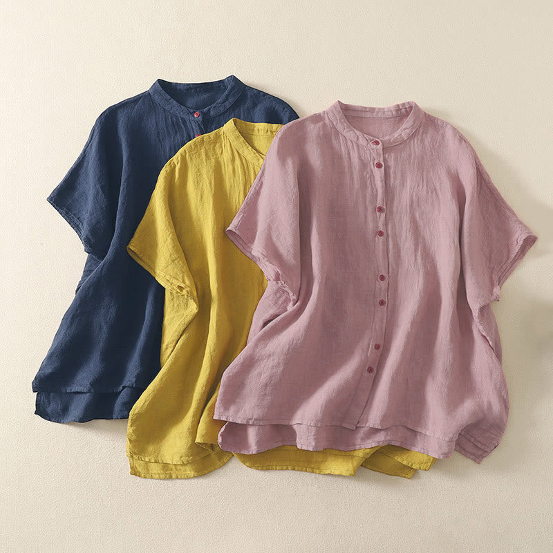 Camisa de mujer de manga corta con botones rojos lisos y estampado de Buddha Stones para verano. - image 18