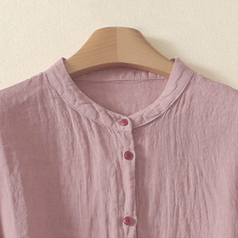 Camisa de mujer de manga corta con botones rojos lisos y estampado de Buddha Stones para verano. - image 6