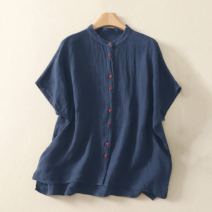 Camisa de mujer de manga corta con botones rojos lisos y estampado de Buddha Stones para verano. - Azul medianoche - US14，UK/AU18，EU46 (2XL) - image 0