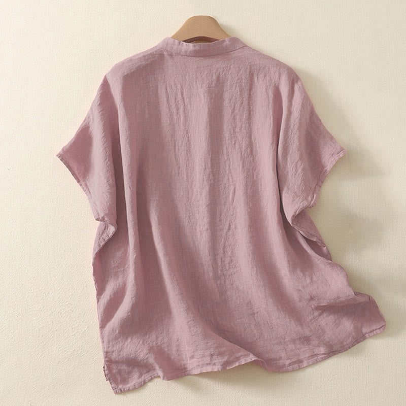 Camisa de mujer de manga corta con botones rojos lisos y estampado de Buddha Stones para verano. - image 5