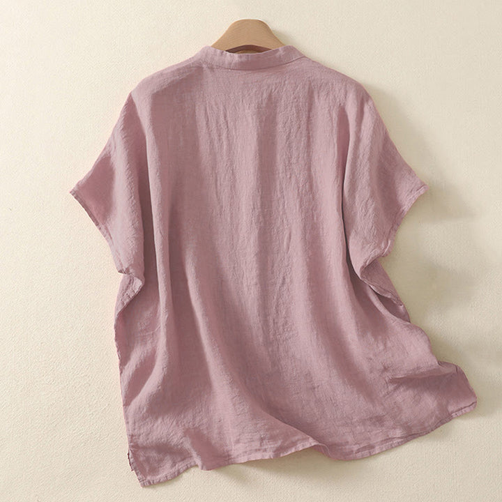 Camisa de mujer de manga corta con botones rojos lisos y estampado de Buddha Stones para verano. - image 5