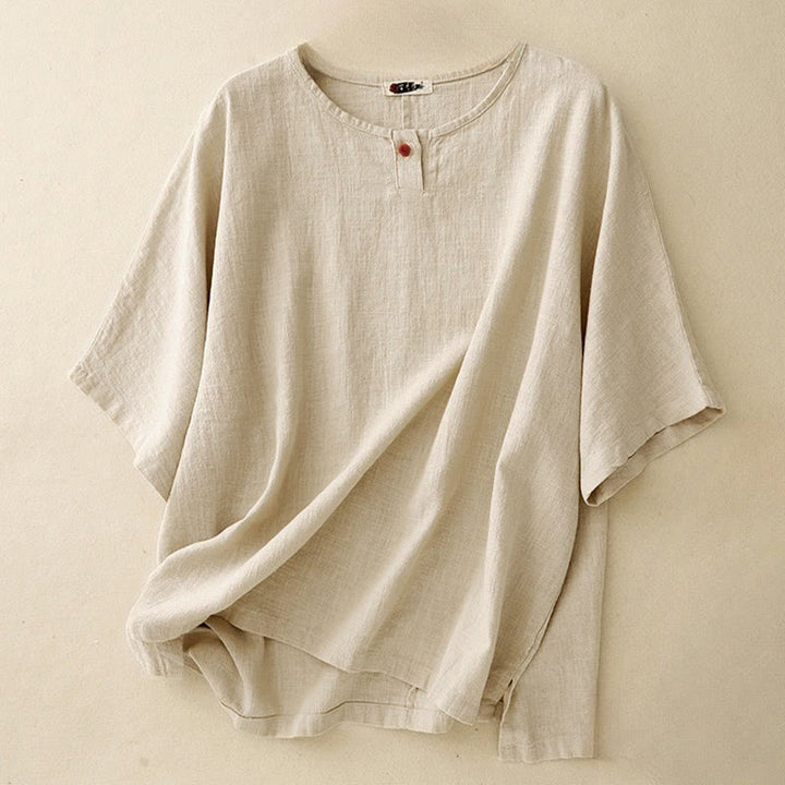 Camiseta informal de manga corta con cuello redondo y diseño holgado para mujer con estampado de Buddha Stones. - Lino - US12, UK/AU16, EU44 (2XL) - image 0