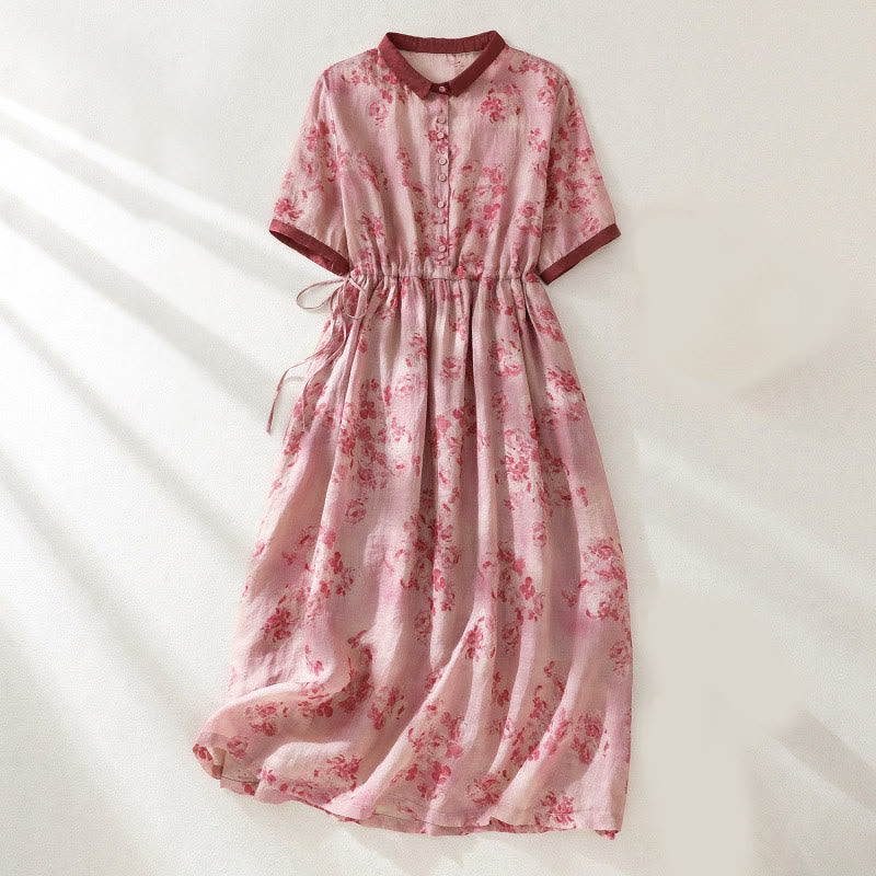 Vestido midi de manga corta con cintura alta, estampado de Buddha Stones, botones, cordón ajustable y bolsillos. - Salmón - US8-10，UK/AU12-14，EU40-42 (2XL) - image 0