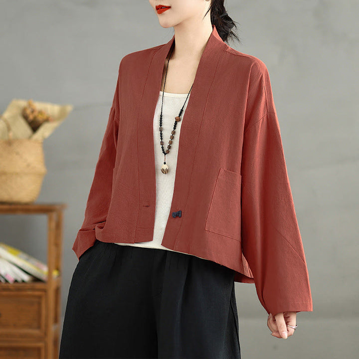 Chaqueta informal vintage de manga larga lisa con bolsillos y estampado de Buddha Stones. - Rojo anaranjado - US14，UK/AU18，EU46 (2XL) - image 8