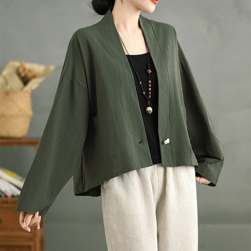 Chaqueta informal vintage de manga larga lisa con bolsillos y estampado de Buddha Stones. - image 16
