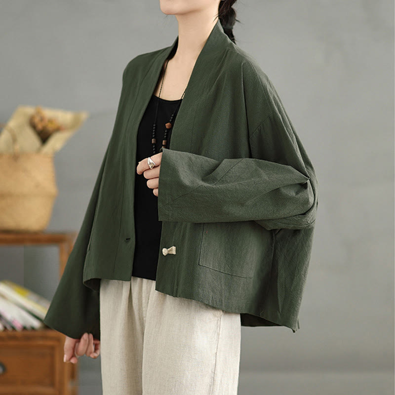 Chaqueta informal vintage de manga larga lisa con bolsillos y estampado de Buddha Stones. - image 17