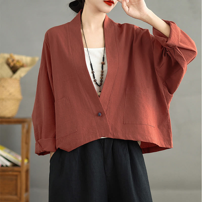 Chaqueta informal vintage de manga larga lisa con bolsillos y estampado de Buddha Stones. - image 10
