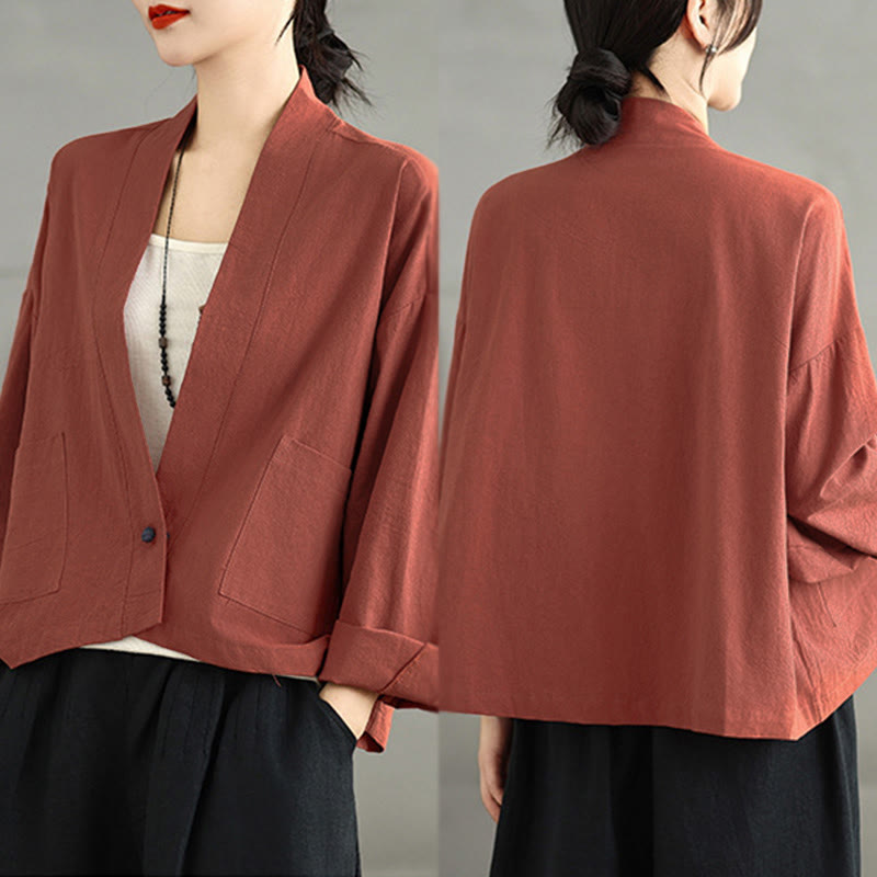 Chaqueta informal vintage de manga larga lisa con bolsillos y estampado de Buddha Stones. - image 11