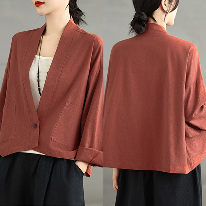 Chaqueta informal vintage de manga larga lisa con bolsillos y estampado de Buddha Stones. - image 11