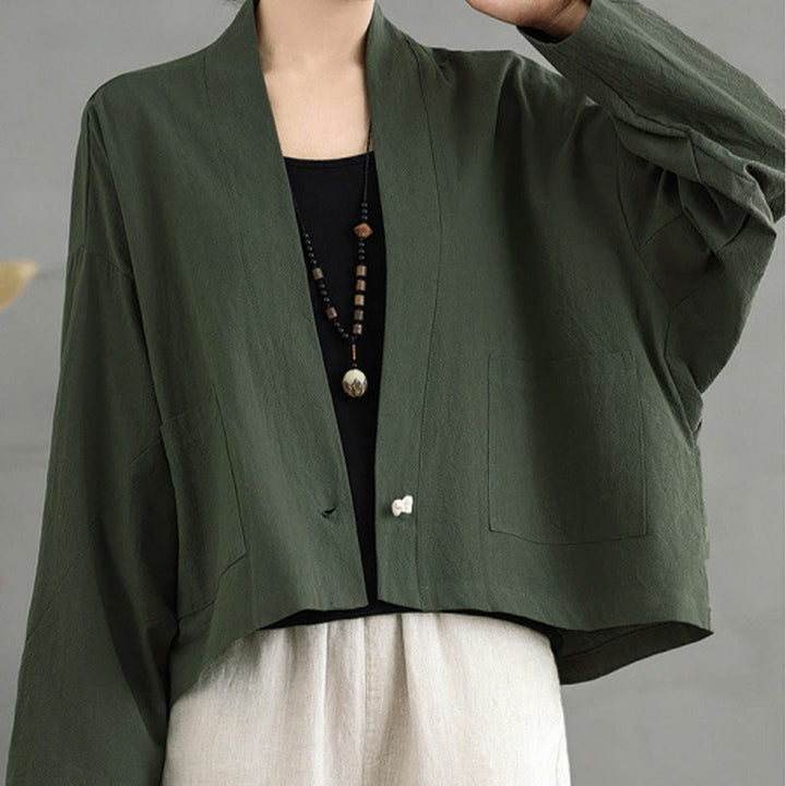 Chaqueta informal vintage de manga larga lisa con bolsillos y estampado de Buddha Stones. - Verde oliva oscuro - US14，UK/AU18，EU46 (2XL) - image 14