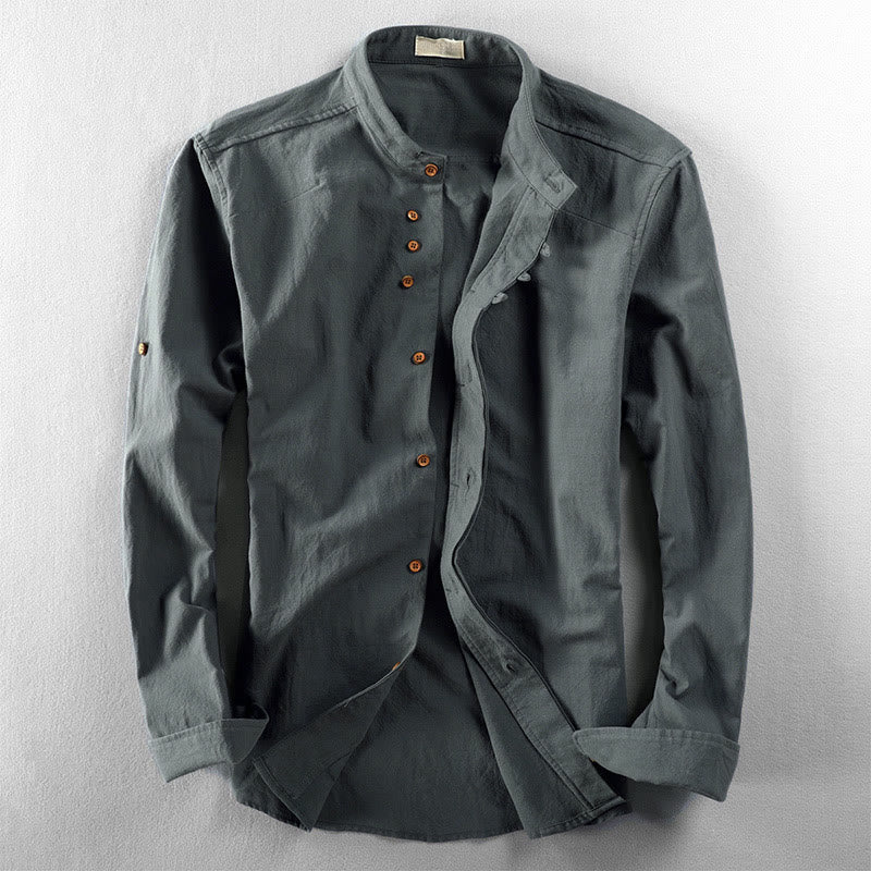Camisa de manga larga para hombre de algodón y lino con cuello redondo y diseño ajustado de Buddha Stones. - Azul cadete - US/UK/AU48, UE58 (7XL) - image 10