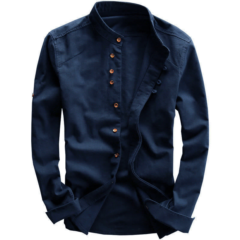 Camisa de manga larga para hombre de algodón y lino con cuello redondo y diseño ajustado de Buddha Stones. - image 1