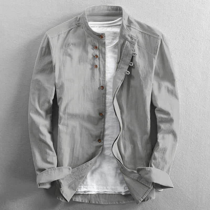 Camisa de manga larga para hombre de algodón y lino con cuello redondo y diseño ajustado de Buddha Stones. - Humo blanco - US/UK/AU48, UE58 (7XL) - image 12