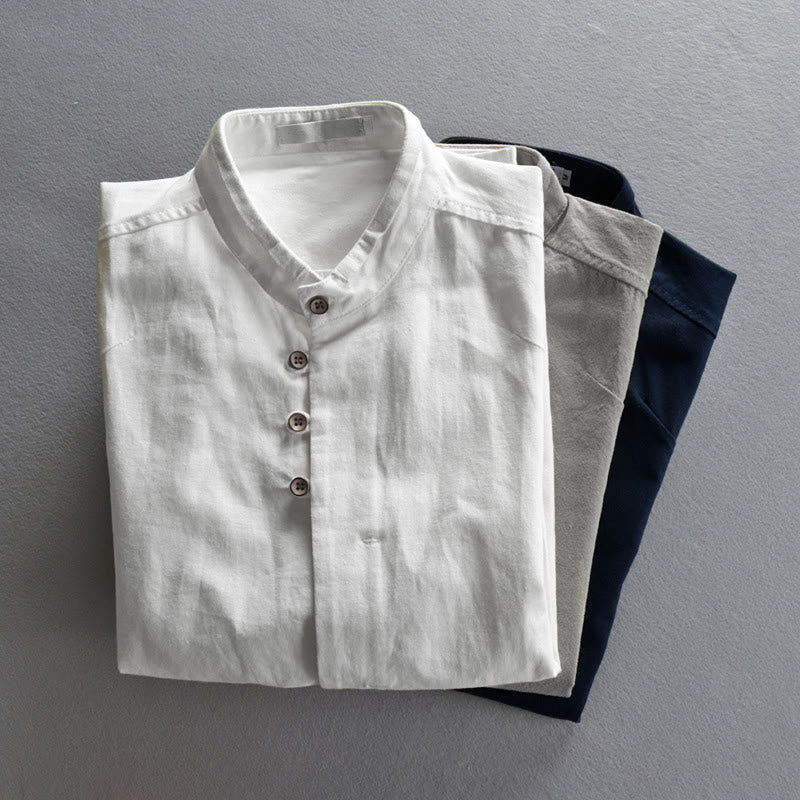 Camisa de manga larga para hombre de algodón y lino con cuello redondo y diseño ajustado de Buddha Stones. - image 14