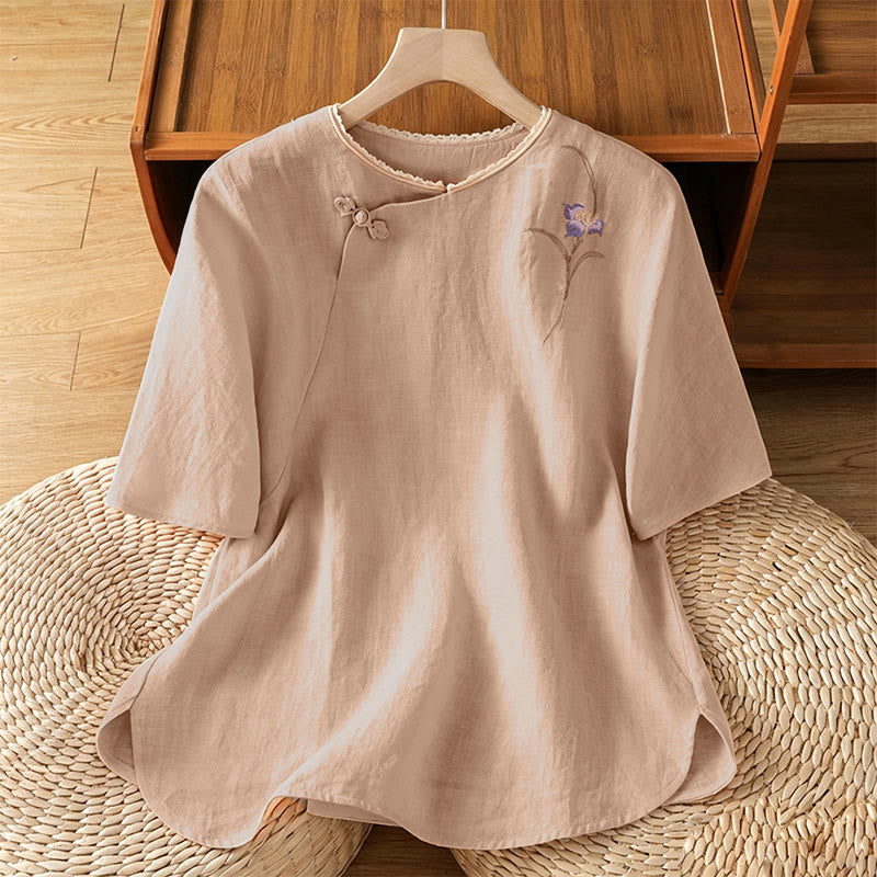 Buddha Stones Camisas de manga corta para mujer con bordado floral y botones de rana, estilo vintage, de Summer Tang Style. - Sopa de mariscos - US8-10, UK/AU12-14, EU40-42 (2XL) - image 0