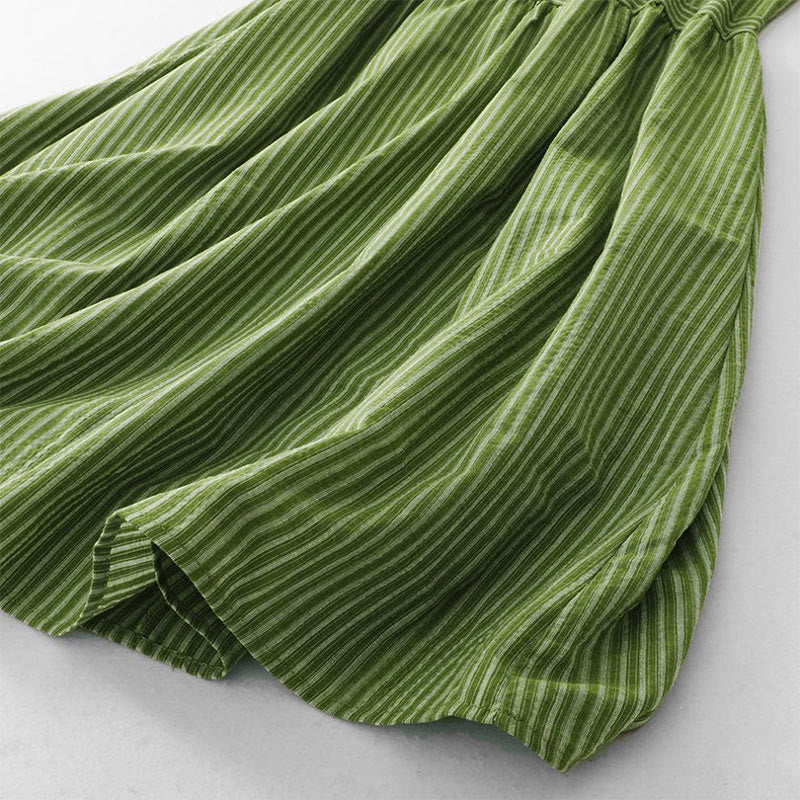 Buddha Stones Vestido de verano informal elegante de mujer con cuello redondo y rayas verdes. - image 8