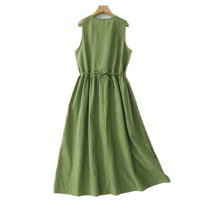 Buddha Stones Vestido de verano informal elegante de mujer con cuello redondo y rayas verdes. - image 2