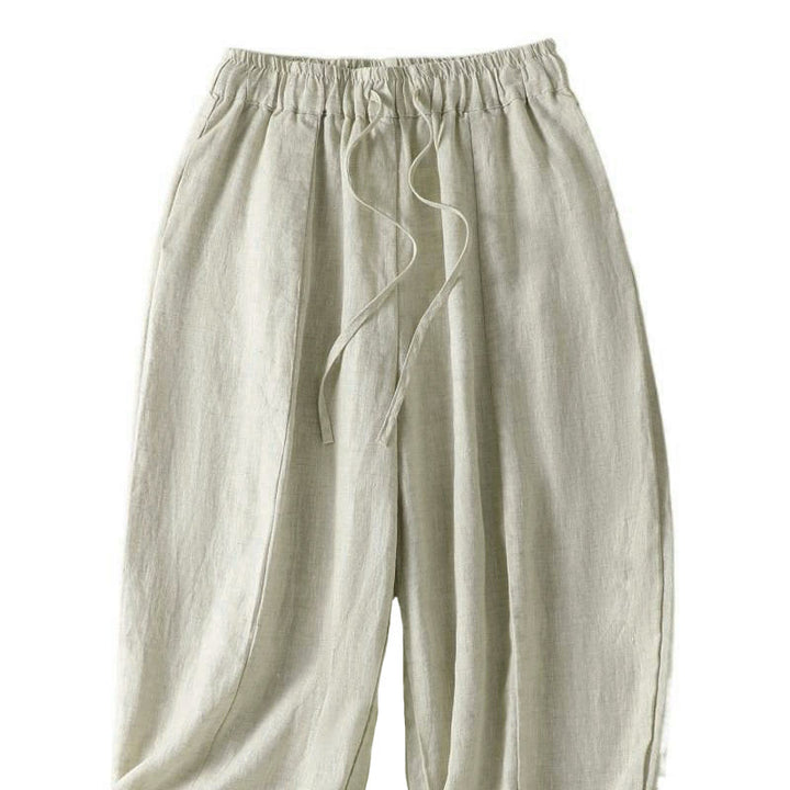 Buddha Stones Pantalones tobilleros de lino liso con cordón ajustable, estilo casual de verano para mujer, de pierna ancha y con bolsillo. - image 8