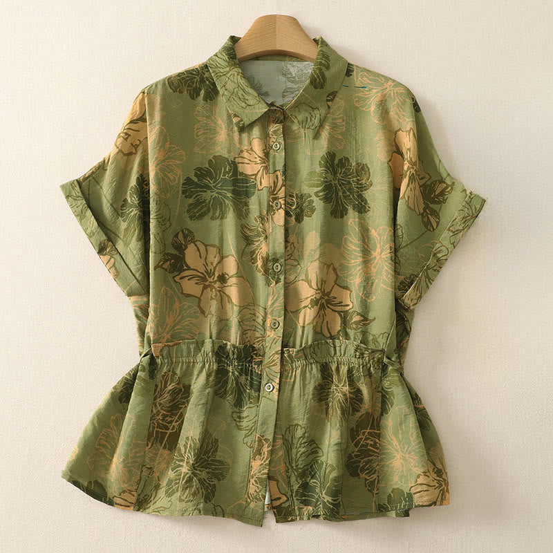Buddha Stones Camisas de manga corta para mujer con botones y estampado floral estilo bohemio veraniego - Verde amarillento - US8-10, UK/AU12-14, EU40-42 (2XL) - image 0