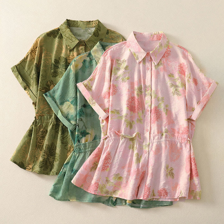Buddha Stones Camisas de manga corta para mujer con botones y estampado floral estilo bohemio veraniego - image 20