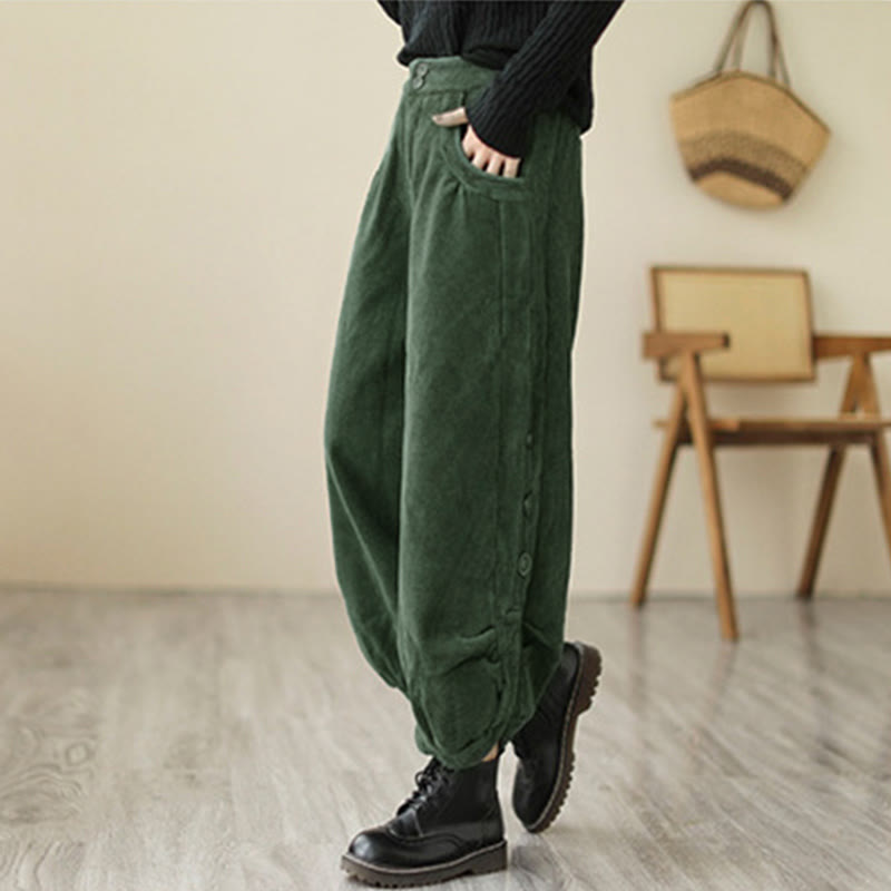 Pantalones de pana para mujer con diseño casual de Buddha Stones, botones y abertura en la pierna, con bolsillos. - image 11
