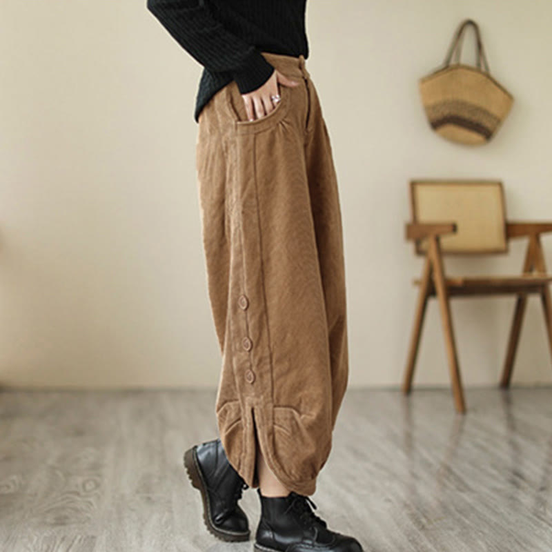 Pantalones de pana para mujer con diseño casual de Buddha Stones, botones y abertura en la pierna, con bolsillos. - image 1