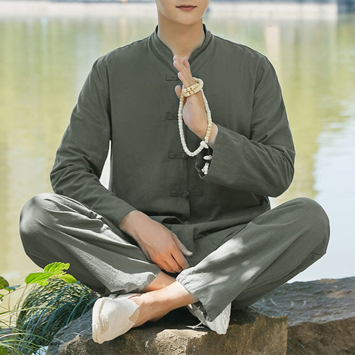 Buddha Stones espiritual Zen práctica Yoga meditación oración ropa algodón lino conjunto de hombres - Verde oscuro - US/UK/AU48, EU58 (6XL) - image 0