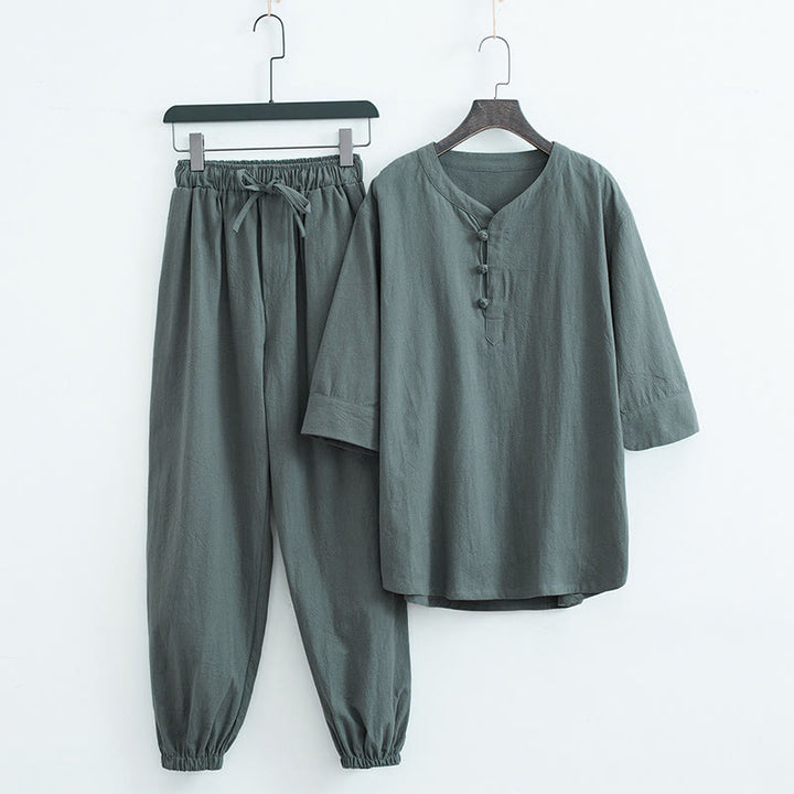 Conjunto de ropa para hombre: camiseta de manga corta y pantalón de color liso con estampado de Buddha Stones. - Verde (Top y pantalón) - US/UK/AU44, EU54 (4XL) - image 0