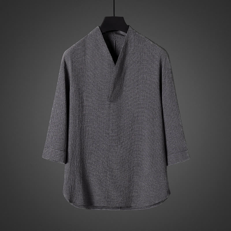 Camisa casual de hombre con cuello en V y manga tres cuartos de Buddha Stones - Gris oscuro - US/UK/AU46, EU56 (5XL) - image 2