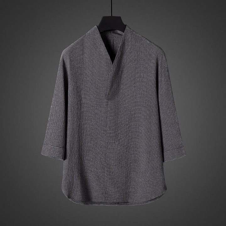 Camisa casual de hombre con cuello en V y manga tres cuartos de Buddha Stones - Gris oscuro - US/UK/AU46, EU56 (5XL) - image 2