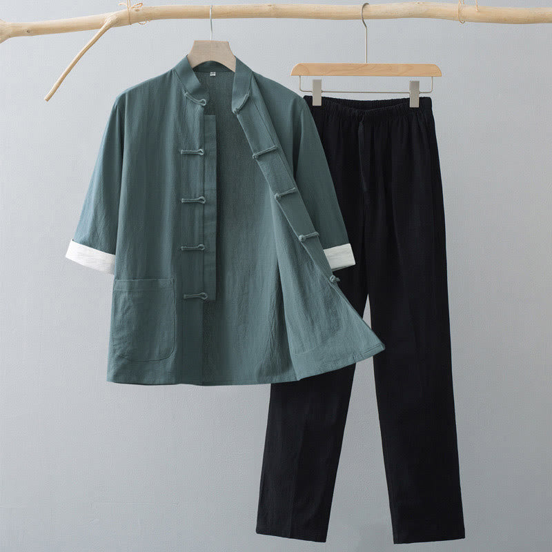 Conjunto de ropa para hombre: camiseta de manga corta y pantalón de algodón con estampado de Buddha Stones y estampado de rana tradicional. - Top verde y pantalones negros - US/UK/AU44, EU54 (4XL)  - image 0