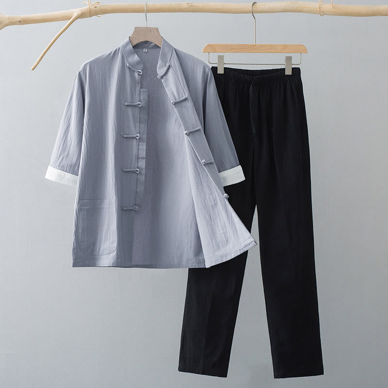 Conjunto de ropa para hombre: camiseta de manga corta y pantalón de algodón con estampado de Buddha Stones y estampado de rana tradicional. - Top gris y pantalones negros - US/UK/AU44, EU54 (4XL)  - image 6