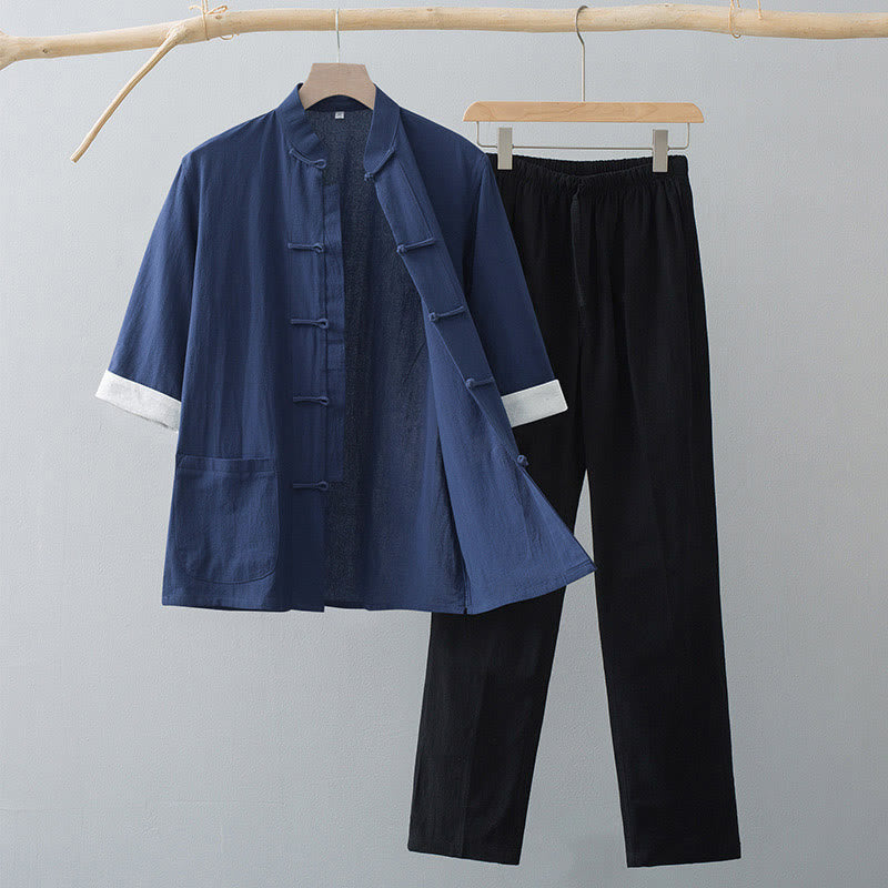 Conjunto de ropa para hombre: camiseta de manga corta y pantalón de algodón con estampado de Buddha Stones y estampado de rana tradicional. - Top azul marino y pantalones negros - US/UK/AU44, EU54 (4XL)  - image 7