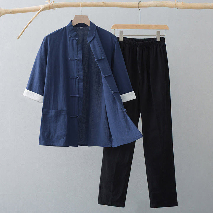 Conjunto de ropa para hombre: camiseta de manga corta y pantalón de algodón con estampado de Buddha Stones y estampado de rana tradicional. - Top azul marino y pantalones negros - US/UK/AU44, EU54 (4XL)  - image 7